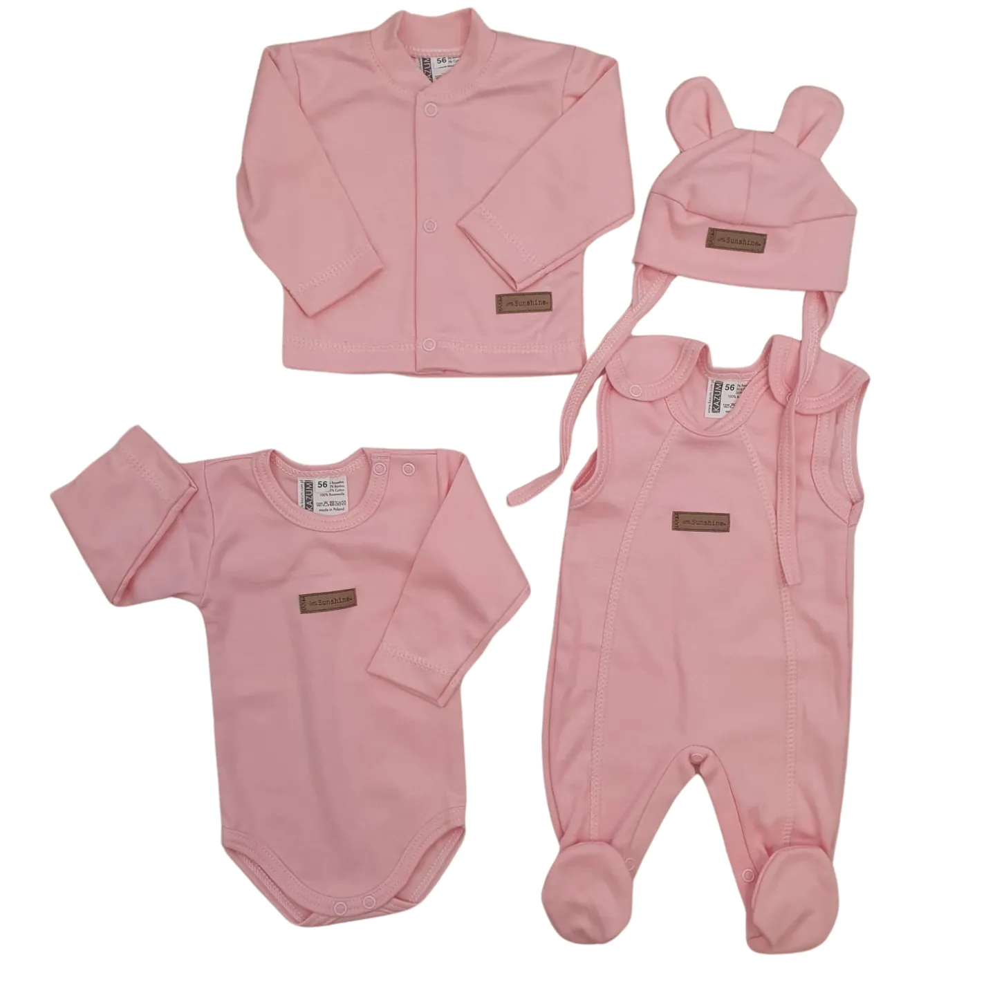 KAZUM 4 cz komplet: body +śpioch+kaftanik+czapka coral pink ostatnie sztuki 50, 62