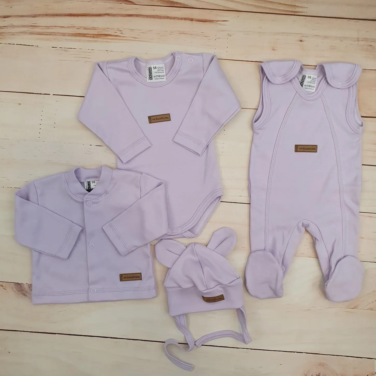 KAZUM 4 cz komplet: body +śpioch+kaftanik+czapka sweet lila ostatnie sztuki 50-62