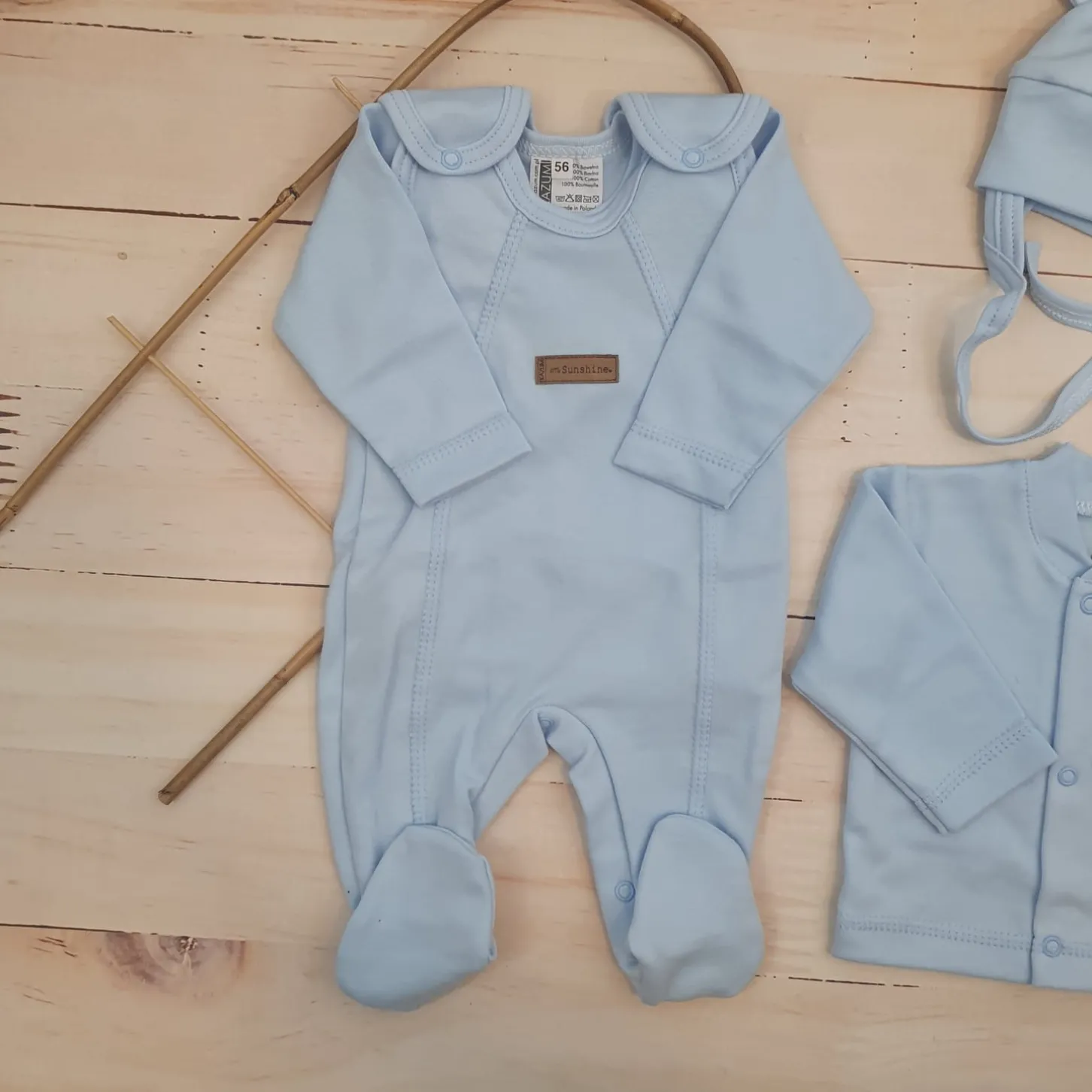 KAZUM 4 cz komplet: body +śpioch+kaftanik+czapka baby blue ostatnie sztuki 50, 62