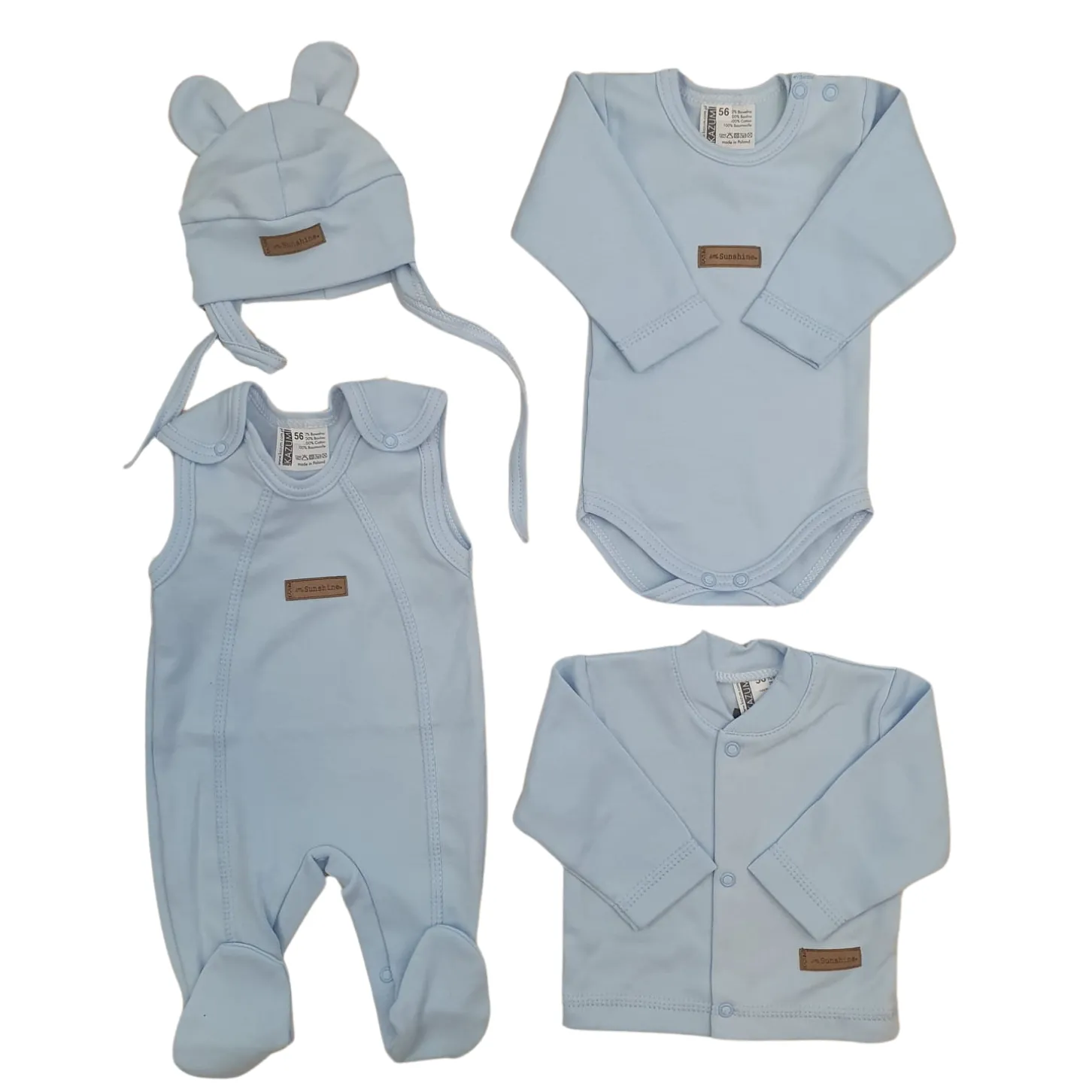 KAZUM 4 cz komplet: body +śpioch+kaftanik+czapka baby blue ostatnie sztuki 50, 62