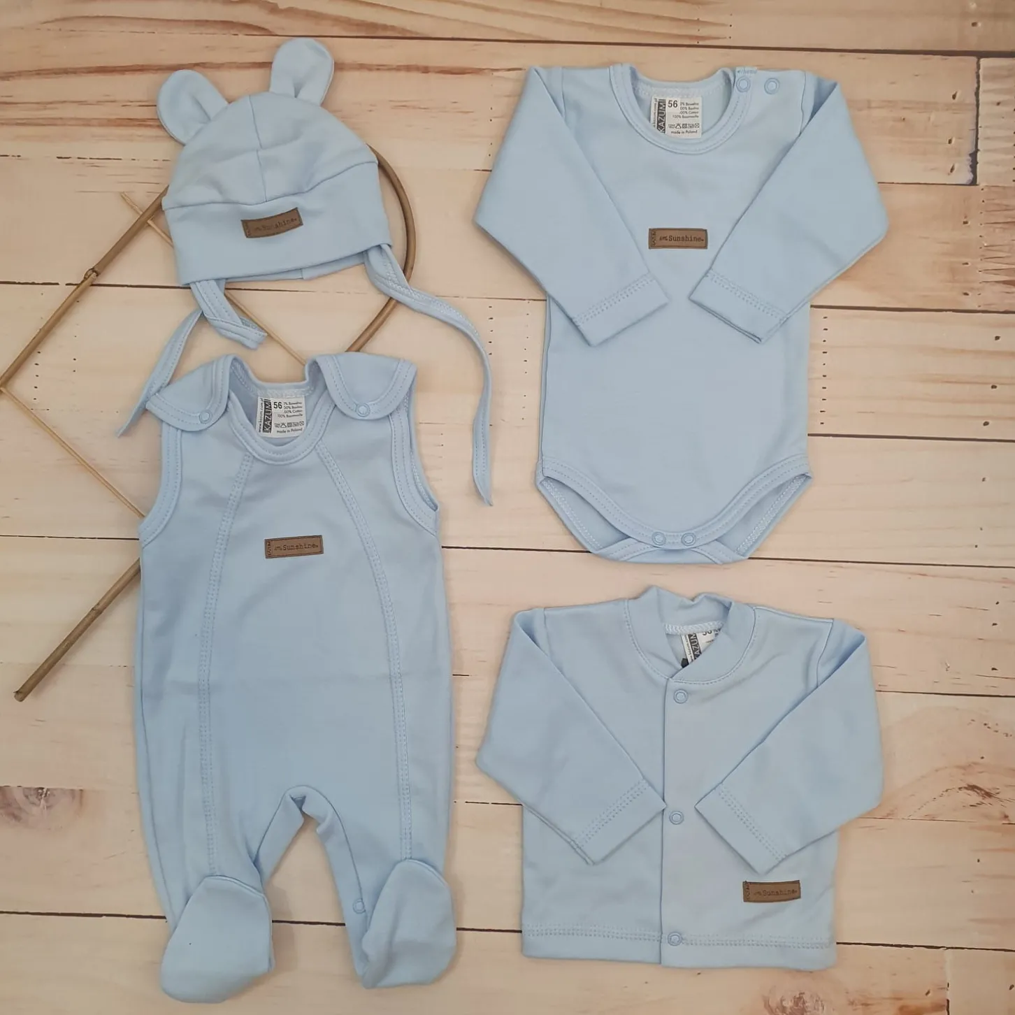KAZUM 4 cz komplet: body +śpioch+kaftanik+czapka baby blue ostatnie sztuki 50, 62