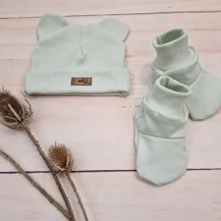 KAZUM 2 cz komplet czapka z uszkami+ buciki 56-86 minty green