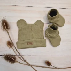 KAZUM 2 cz komplet czapka z uszkami+ buciki 56-86 olive green