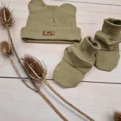 KAZUM 2 cz komplet czapka z uszkami+ buciki 56-86 olive green