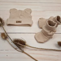 KAZUM 2 cz komplet czapka z uszkami+ buciki 56-86 cappuccino beige