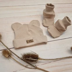 KAZUM 2 cz komplet czapka z uszkami+ buciki 56-86 cappuccino beige