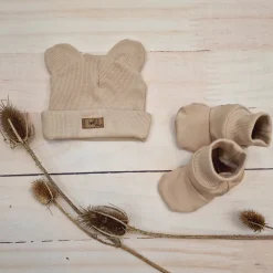 KAZUM 2 cz komplet czapka z uszkami+ buciki 56-86 cappuccino beige