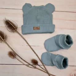 KAZUM 2 cz komplet czapka z uszkami+ buciki 56-86 mineral blue