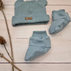 KAZUM 2 cz komplet czapka z uszkami+ buciki 56-86 mineral blue