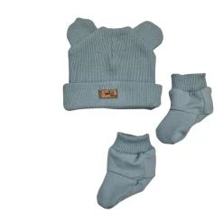 KAZUM 2 cz komplet czapka z uszkami+ buciki 56-86 mineral blue