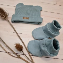 KAZUM 2 cz komplet czapka z uszkami+ buciki 56-86 mineral blue