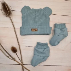 KAZUM 2 cz komplet czapka z uszkami+ buciki 56-86 mineral blue