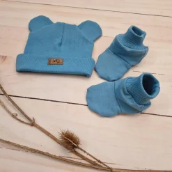 KAZUM 2 cz komplet czapka z uszkami+ buciki 56-86 steel blue