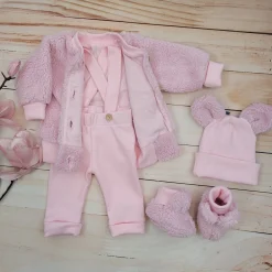 KAZUM 4cz komplet kurtka misiowa+spodnie na szelkach+czapka+buciki 56-86 pinky rose