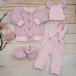 KAZUM 4cz komplet kurtka misiowa+spodnie na szelkach+czapka+buciki 56-86 pinky rose
