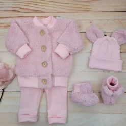 KAZUM 4cz komplet kurtka misiowa+spodnie na szelkach+czapka+buciki 56-86 pinky rose