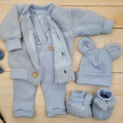 KAZUM 4cz komplet kurtka misiowa+spodnie na szelkach+czapka+buciki 56-86 blue dream