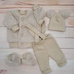 KAZUM 4cz komplet kurtka misiowa+spodnie na szelkach+czapka+buciki 56-86 caramel coffee