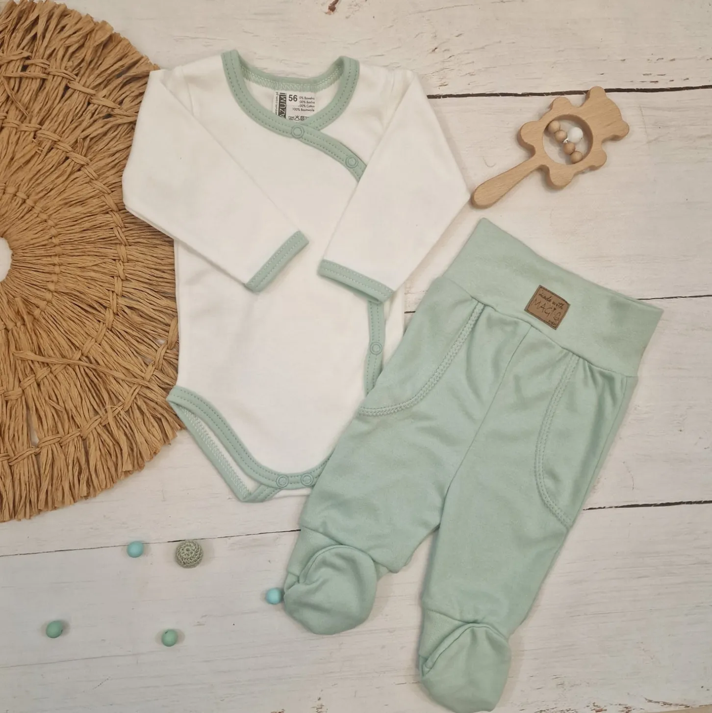 KAZUM2 cz komplet niemowlęcy body+półśpiochy zielony aquamarinearine ostatnie sztuki 50