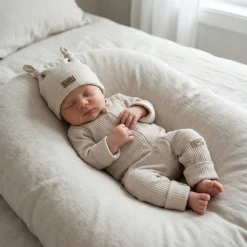 KAZUM 2 cz komplet rampers rozsuwany na zamek do samego dołu + czapka, dla chłopca 56-68 beige charm