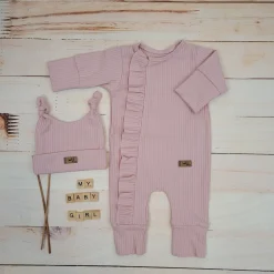 KAZUM 2 cz komplet rampers rozsuwany na zamek do samego dołu + czapka, dla dziewczynki 56-68 candy pink