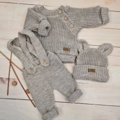 KAZUM 3 cz komplet Sweterek włóczkowy dziergany+legginsy włóczkowe na szelkach+czapka 56-86 hazelnut