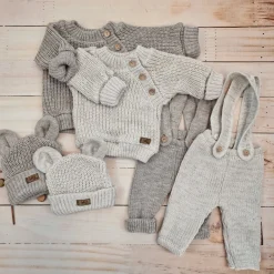 KAZUM 3 cz komplet Sweterek włóczkowy dziergany+legginsy włóczkowe na szelkach+czapka 56-86 hazelnut