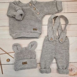 KAZUM 3 cz komplet Sweterek włóczkowy dziergany+legginsy włóczkowe na szelkach+czapka 56-86 hazelnut