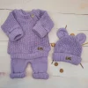 KAZUM 3 cz komplet Sweterek włóczkowy dziergany+legginsy włóczkowe na szelkach+czapka 56-86 sweet lila