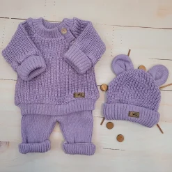 KAZUM 3 cz komplet Sweterek włóczkowy dziergany+legginsy włóczkowe na szelkach+czapka 56-86 sweet lila