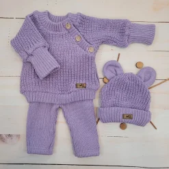 KAZUM 3 cz komplet Sweterek włóczkowy dziergany+legginsy włóczkowe na szelkach+czapka 56-86 sweet lila