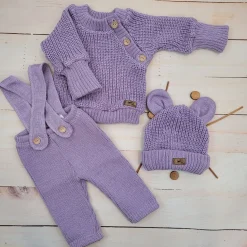 KAZUM 3 cz komplet Sweterek włóczkowy dziergany+legginsy włóczkowe na szelkach+czapka 56-86 sweet lila