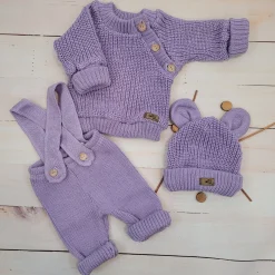 KAZUM 3 cz komplet Sweterek włóczkowy dziergany+legginsy włóczkowe na szelkach+czapka 56-86 sweet lila