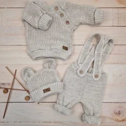 KAZUM 3 cz komplet Sweterek włóczkowy dziergany+legginsy włóczkowe na szelkach+czapka 56-86 cappuccino