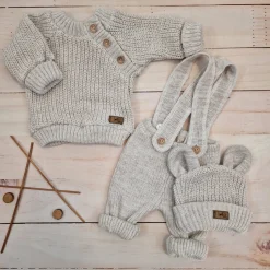 KAZUM 3 cz komplet Sweterek włóczkowy dziergany+legginsy włóczkowe na szelkach+czapka 56-86 cappuccino