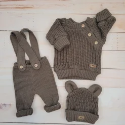 KAZUM 3 cz komplet Sweterek włóczkowy dziergany+legginsy włóczkowe na szelkach+czapka 56-86 chocolate muffin