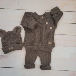 KAZUM 3 cz komplet Sweterek włóczkowy dziergany+legginsy włóczkowe na szelkach+czapka 56-86 chocolate muffin