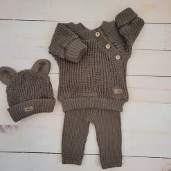KAZUM 3 cz komplet Sweterek włóczkowy dziergany+legginsy włóczkowe na szelkach+czapka 56-86 chocolate muffin