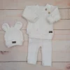 KAZUM 3 cz komplet Sweterek włóczkowy dziergany+legginsy włóczkowe na szelkach+czapka 56-86 coconut