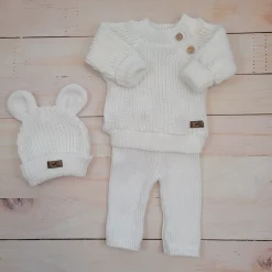 KAZUM 3 cz komplet Sweterek włóczkowy dziergany+legginsy włóczkowe na szelkach+czapka 56-86 coconut