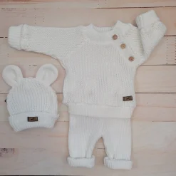 KAZUM 3 cz komplet Sweterek włóczkowy dziergany+legginsy włóczkowe na szelkach+czapka 56-86 coconut