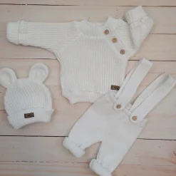 KAZUM 3 cz komplet Sweterek włóczkowy dziergany+legginsy włóczkowe na szelkach+czapka 56-86 coconut