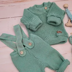 KAZUM 3 cz komplet Sweterek włóczkowy dziergany+legginsy włóczkowe na szelkach+czapka 56-86 gooseberry green