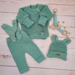 KAZUM 3 cz komplet Sweterek włóczkowy dziergany+legginsy włóczkowe na szelkach+czapka 56-86 gooseberry green