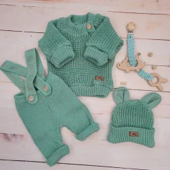 KAZUM 3 cz komplet Sweterek włóczkowy dziergany+legginsy włóczkowe na szelkach+czapka 56-86 gooseberry green