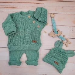 KAZUM 3 cz komplet Sweterek włóczkowy dziergany+legginsy włóczkowe na szelkach+czapka 56-86 gooseberry green