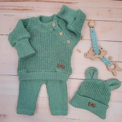 KAZUM 3 cz komplet Sweterek włóczkowy dziergany+legginsy włóczkowe na szelkach+czapka 56-86 gooseberry green
