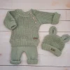 KAZUM 3 cz komplet Sweterek włóczkowy dziergany+legginsy włóczkowe na szelkach+czapka 56-86 green grass