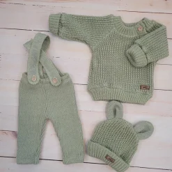 KAZUM 3 cz komplet Sweterek włóczkowy dziergany+legginsy włóczkowe na szelkach+czapka 56-86 green grass