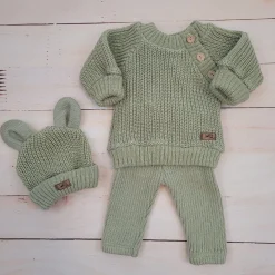 KAZUM 3 cz komplet Sweterek włóczkowy dziergany+legginsy włóczkowe na szelkach+czapka 56-86 green grass